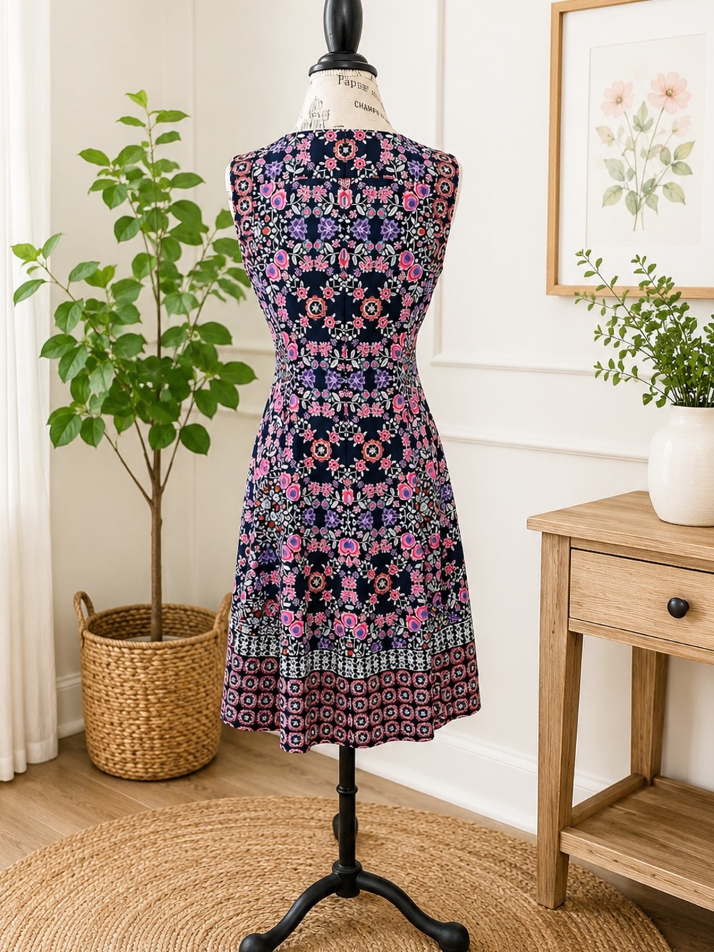 Eliza J Floral Fit & Flare Dress Size 10 Navy Pink Purple Sleeveless NWOT - Picture 2 of 5